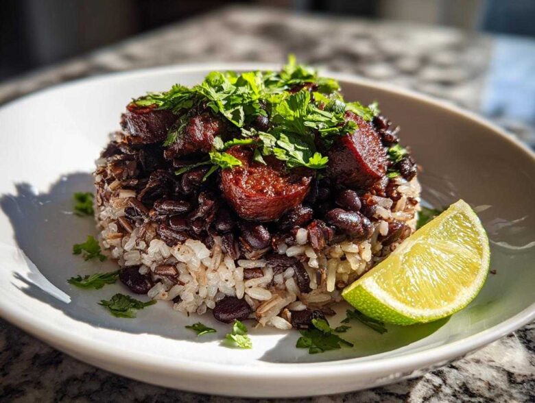 A beautifully plated serving of savory black beans and rice topped with sausage chunks and fresh cilantro, served with a lime wedge.