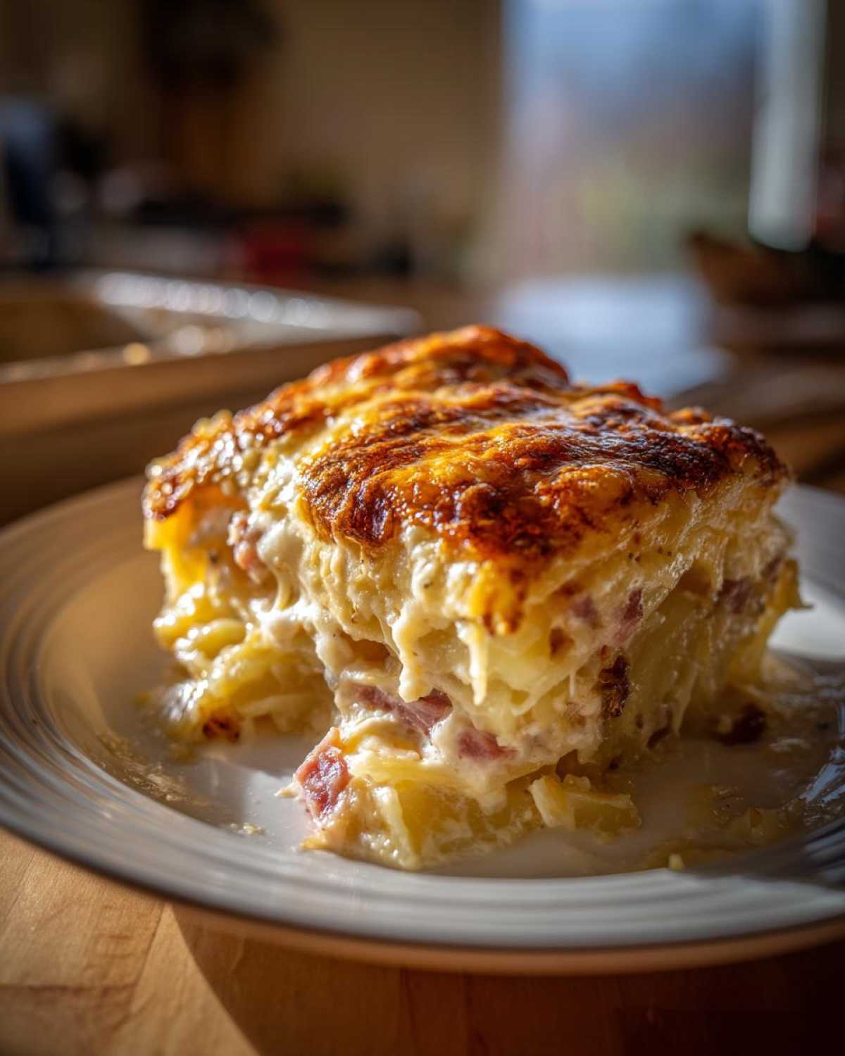 A close-up of a square serving of creamy scalloped potatoes and ham with a deeply browned, cheesy crust.
