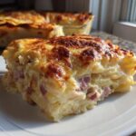 A thick slice of creamy scalloped potatoes and ham bake with a golden-brown cheesy crust.