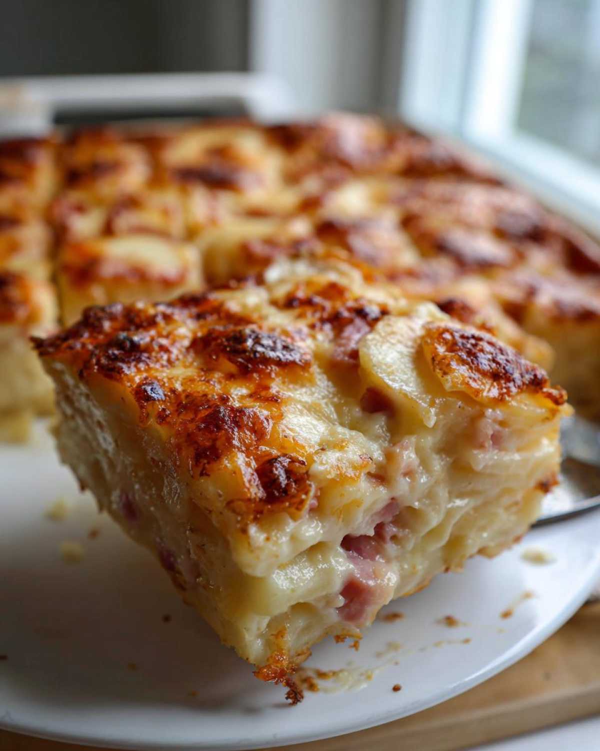Close-up of a thick slice of creamy scalloped potatoes and ham with a golden-brown, cheesy crust.