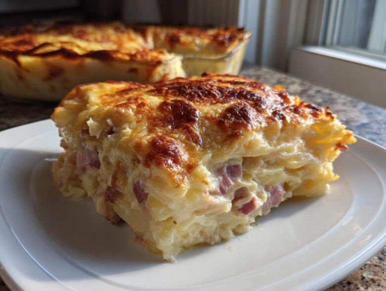 A thick slice of creamy scalloped potatoes and ham bake with a golden-brown cheesy crust.