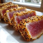 Close-up of perfectly Seared Ahi Tuna slices, showing a rare, bright red center and a crunchy sesame seed crust.
