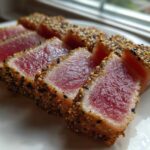 Slices of perfectly seared ahi tuna coated in sesame seeds, showing a bright red, rare center.