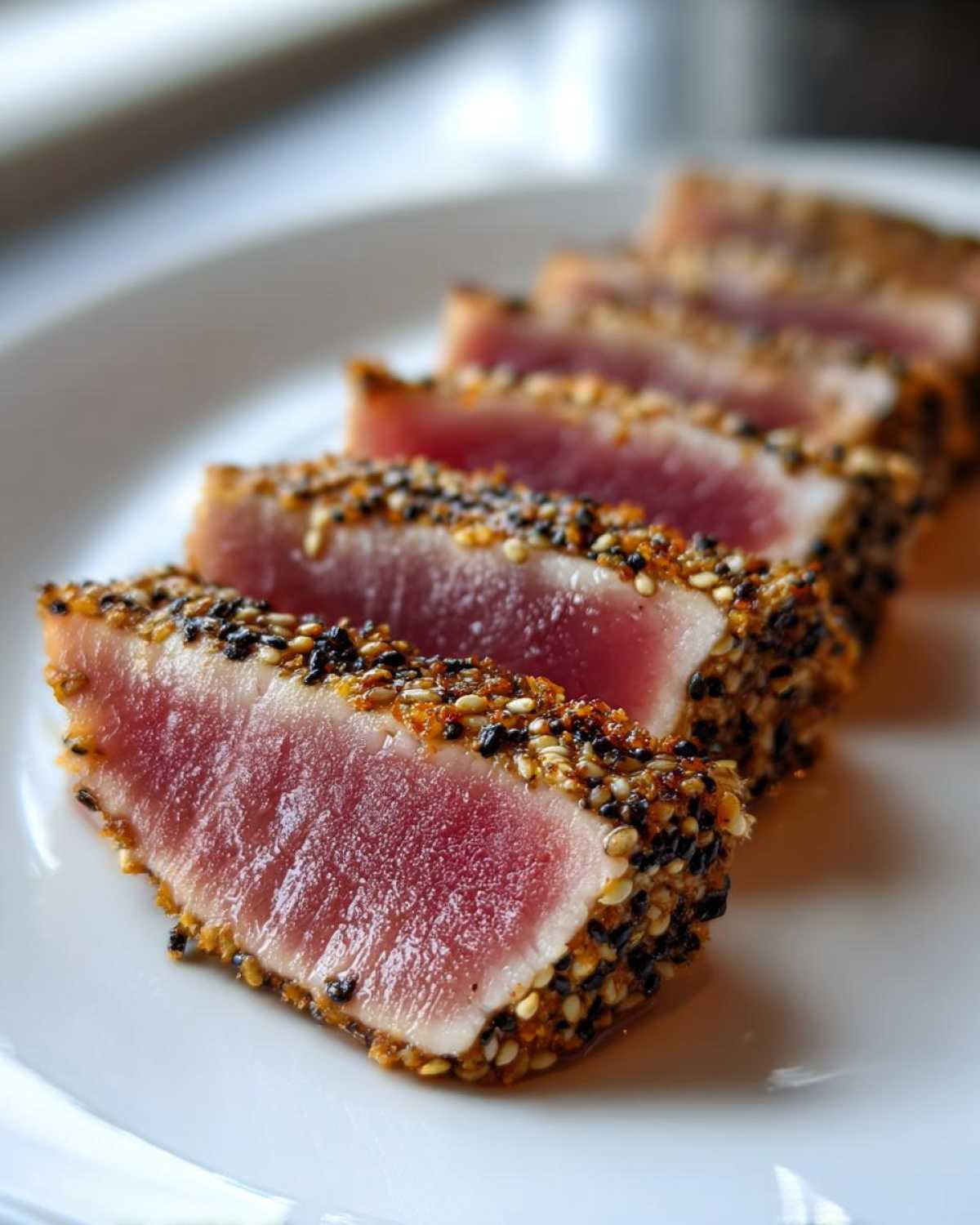 Close-up of perfectly seared Ahi Tuna slices, crusted with black and white sesame seeds, showing a rare pink center.