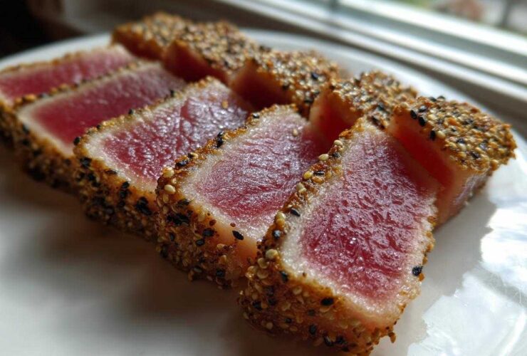 Slices of perfectly seared ahi tuna coated in sesame seeds, showing a bright red, rare center.