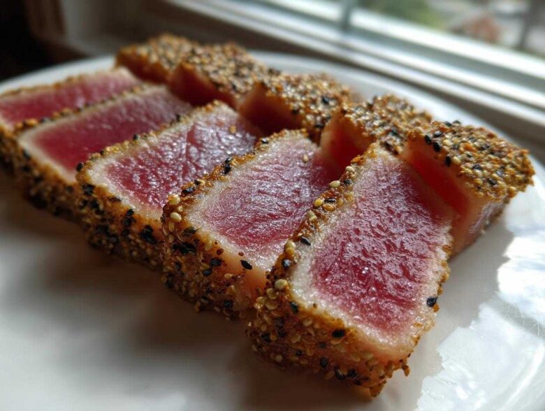 Slices of perfectly seared ahi tuna coated in sesame seeds, showing a bright red, rare center.