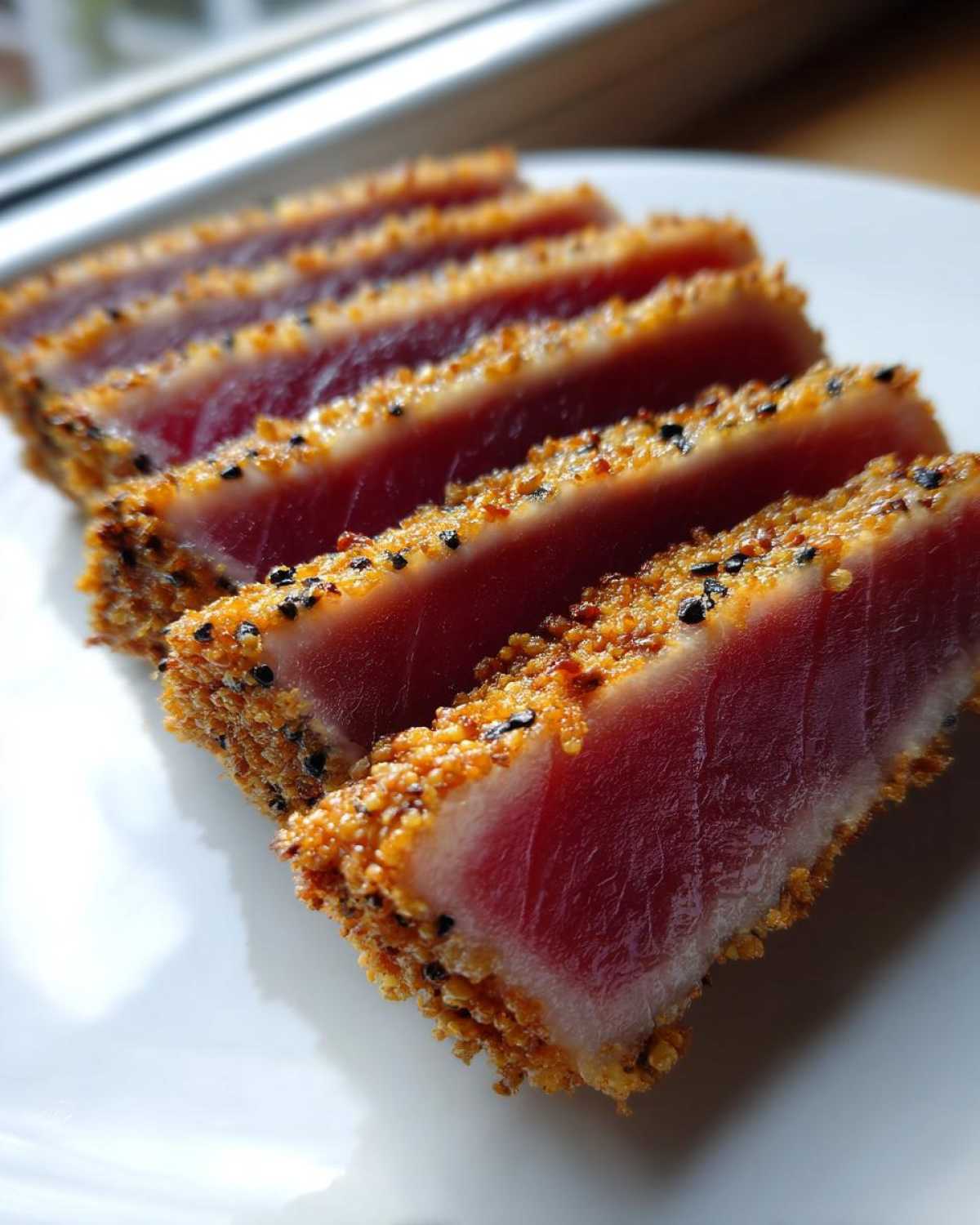 Close-up of perfectly cooked Seared Ahi Tuna, sliced to show the rare red center and sesame seed crust.
