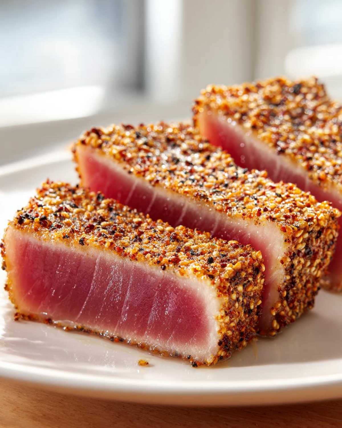 Close-up of three thick slices of perfectly Seared Ahi Tuna with a dark sesame seed crust.