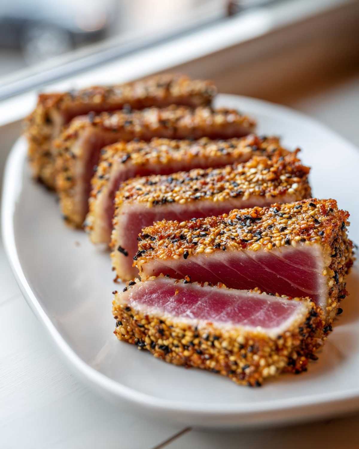 Slices of perfectly seared ahi tuna coated in sesame seeds, showing a bright pink raw center.