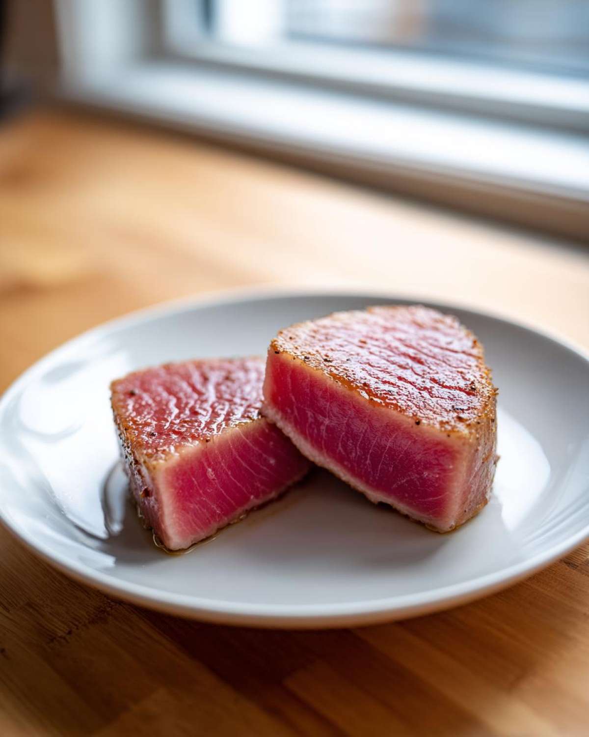Two perfectly seared tuna steak halves showing a bright pink, rare center, ready to eat after using the MARINADE FOR TUNA STEAK.