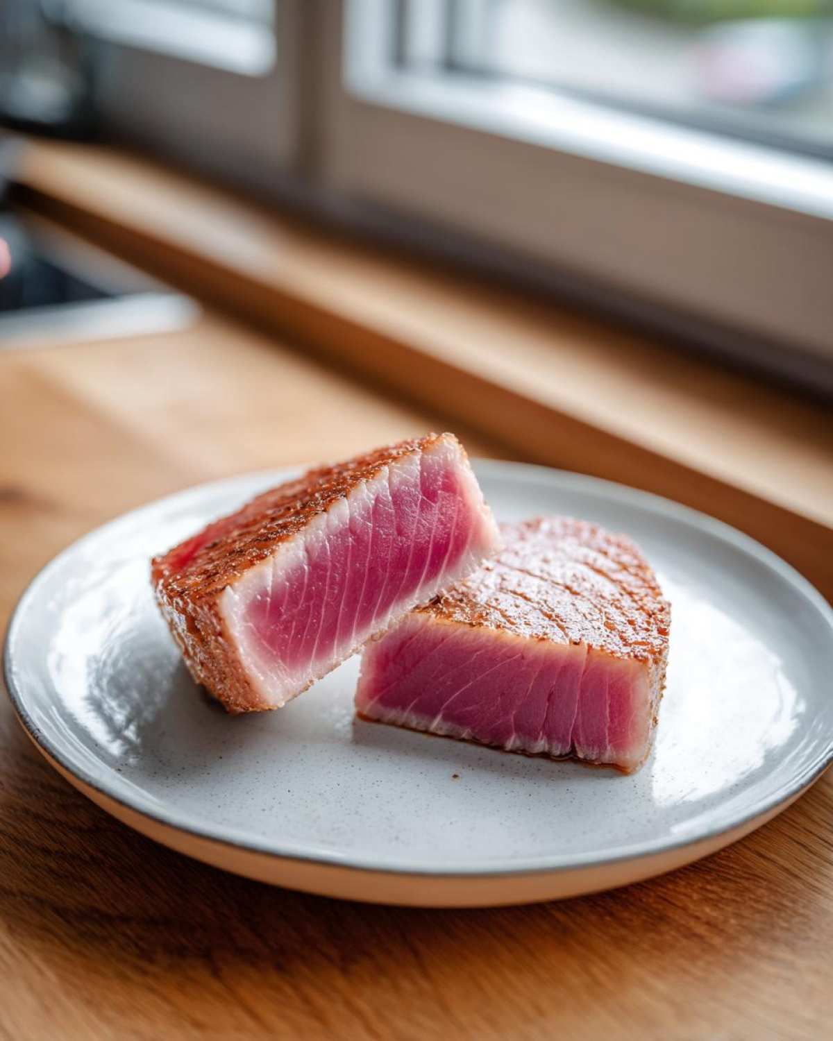 Two halves of a perfectly seared tuna steak showing a rare, bright pink center, ready to serve.