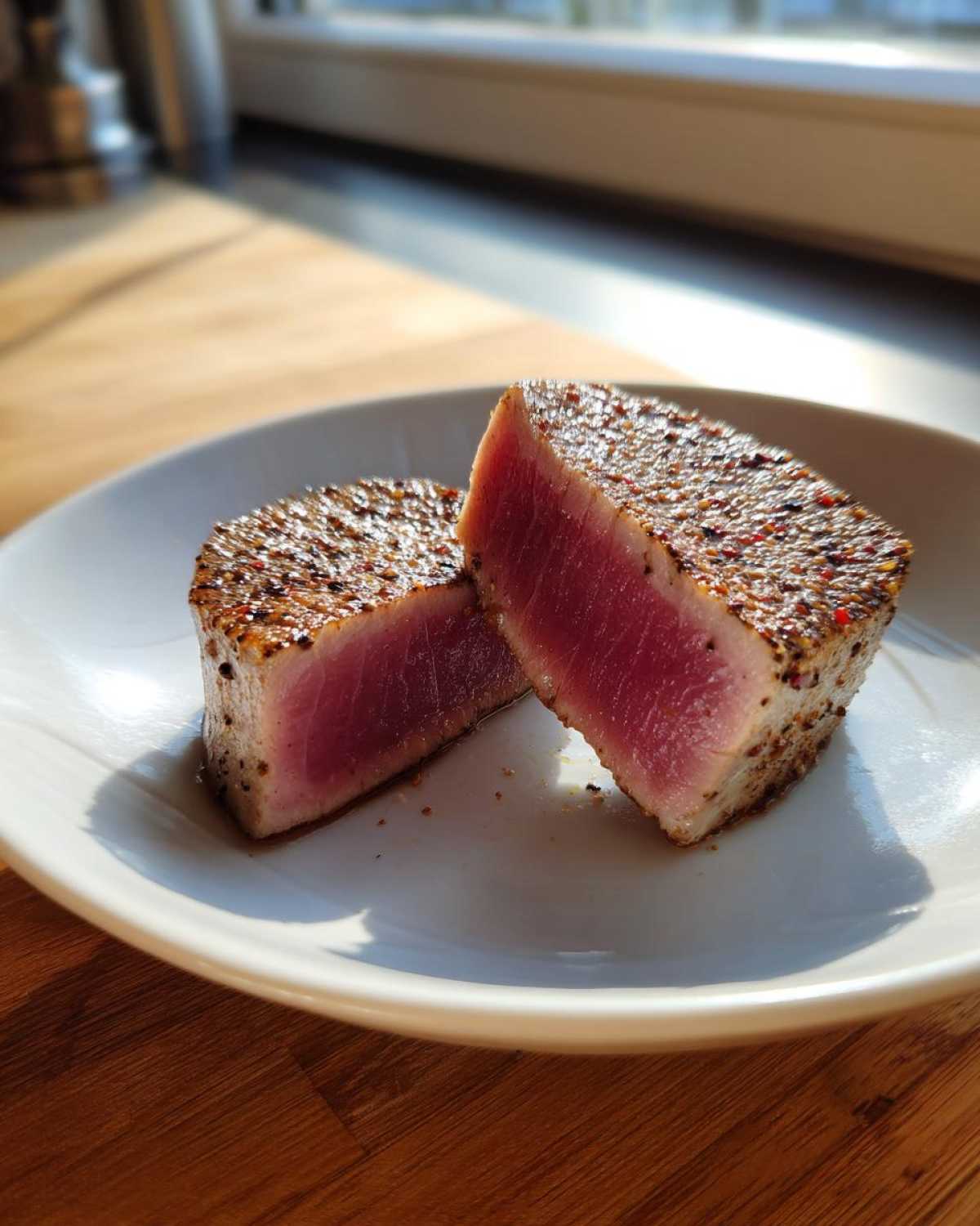 Two halves of a perfectly seared tuna steak showing a bright pink, rare center, seasoned with a pepper crust.