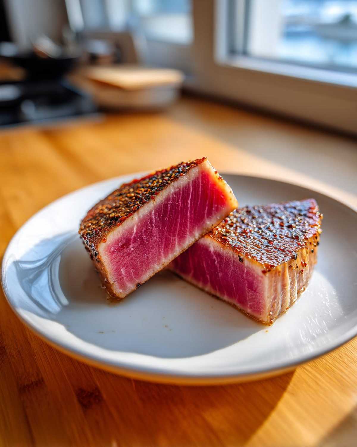 Two halves of a perfectly seared tuna steak, showing a bright red, rare center, seasoned with pepper.