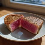 Two halves of a perfectly seared tuna steak, showing a bright pink rare center and a sesame seed crust, served on a light plate.