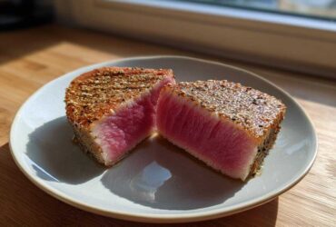 Two halves of a perfectly seared tuna steak, showing a bright pink rare center and a sesame seed crust, served on a light plate.