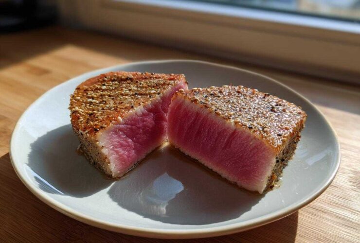 Two halves of a perfectly seared tuna steak, showing a bright pink rare center and a sesame seed crust, served on a light plate.