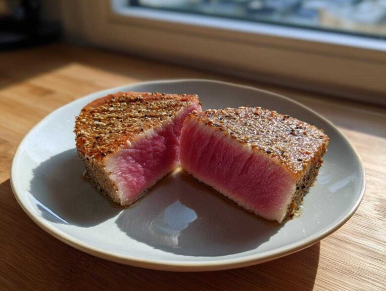 Two halves of a perfectly seared tuna steak, showing a bright pink rare center and a sesame seed crust, served on a light plate.