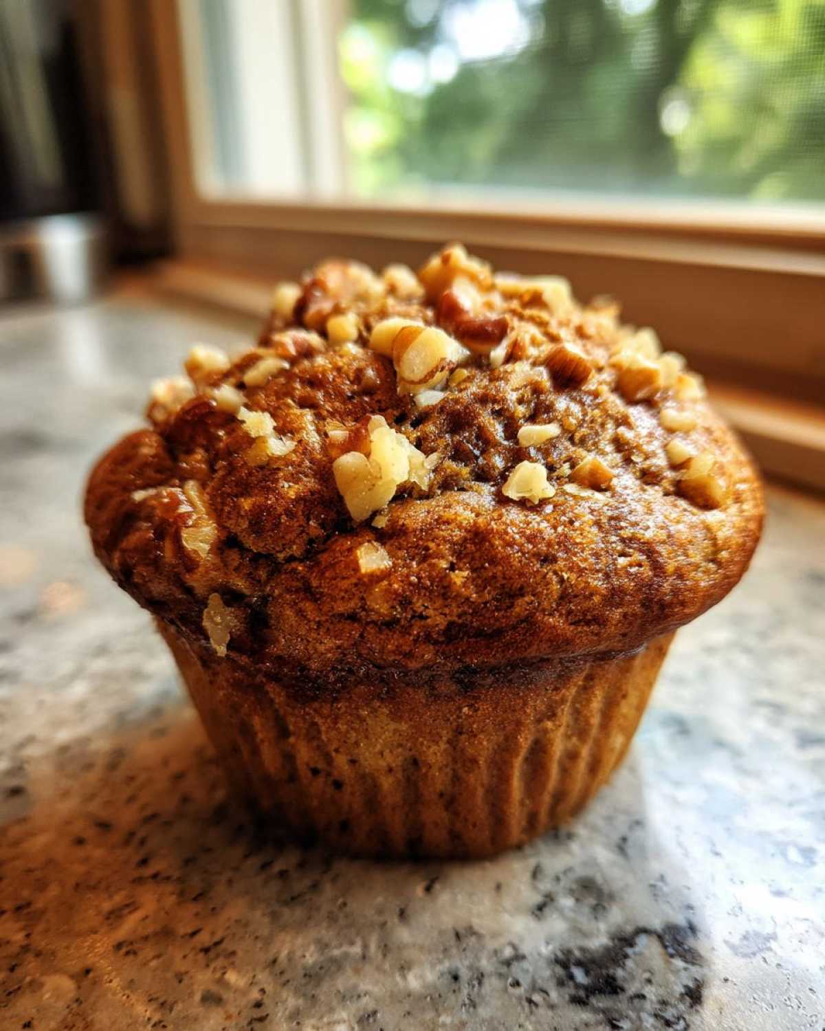 A single, perfectly baked banana nut muffin topped generously with chopped walnuts, sitting on a speckled countertop.