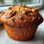 Close-up of a perfectly baked banana nut muffin with a golden-brown top sprinkled generously with walnut pieces.