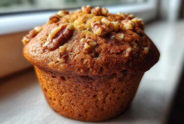 Close-up of a perfectly baked banana nut muffin with a golden-brown top sprinkled generously with walnut pieces.