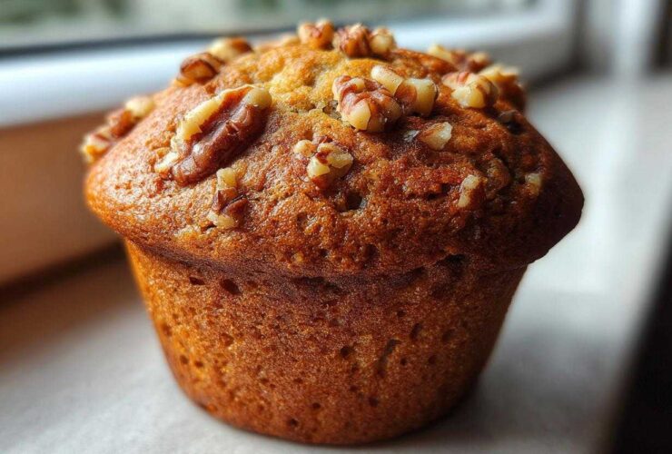 Close-up of a perfectly baked banana nut muffin with a golden-brown top sprinkled generously with walnut pieces.