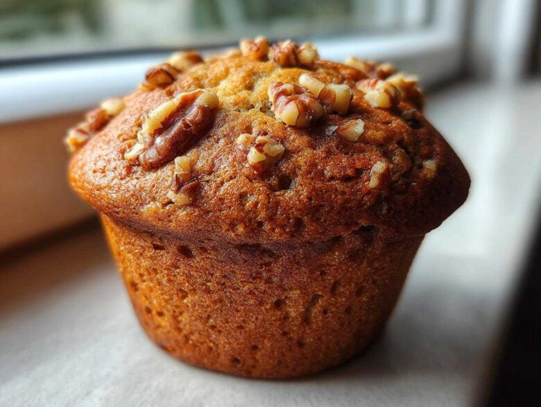 Close-up of a perfectly baked banana nut muffin with a golden-brown top sprinkled generously with walnut pieces.