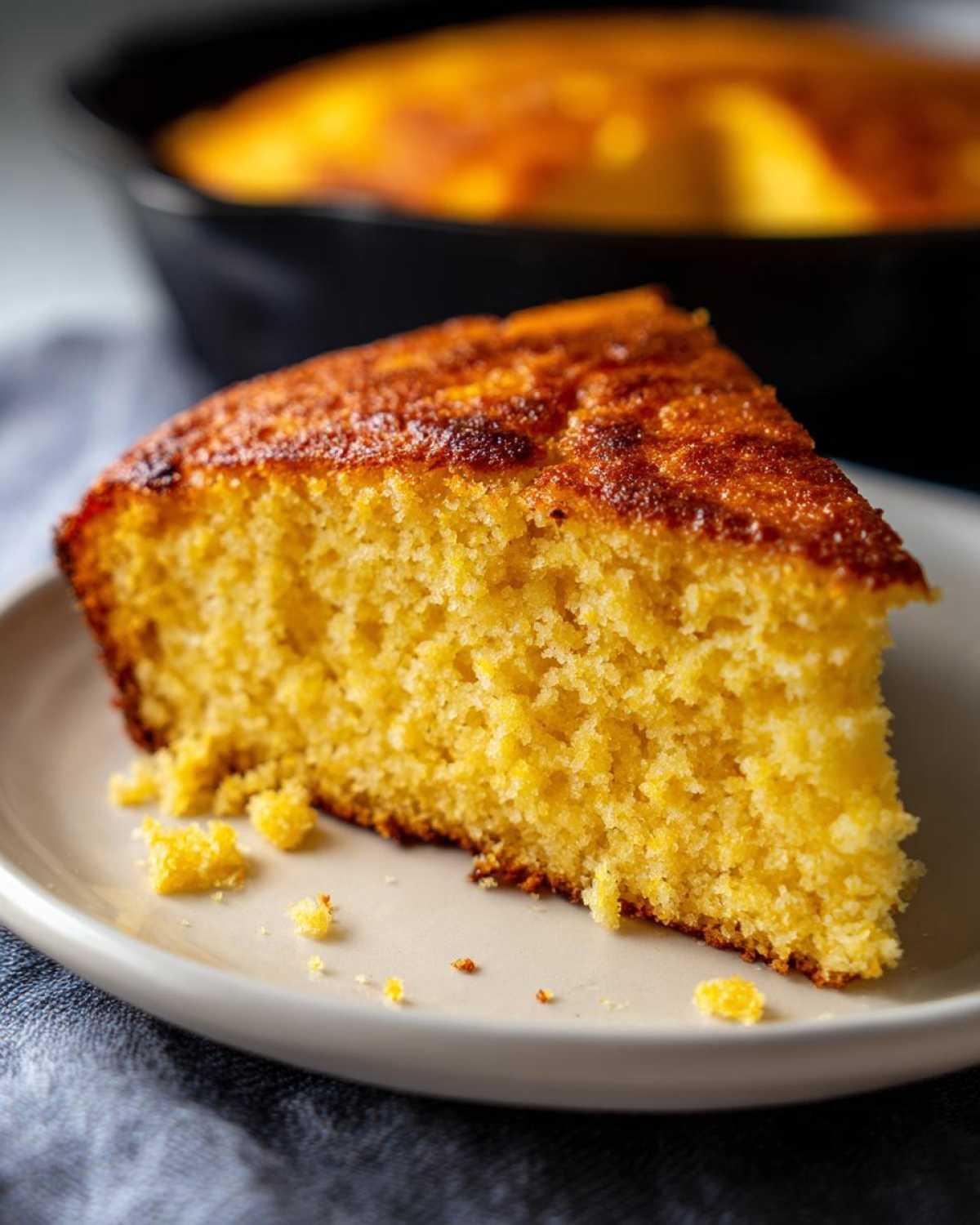 Close-up of a moist, golden slice of skillet cornbread served on a light plate with crumbs.