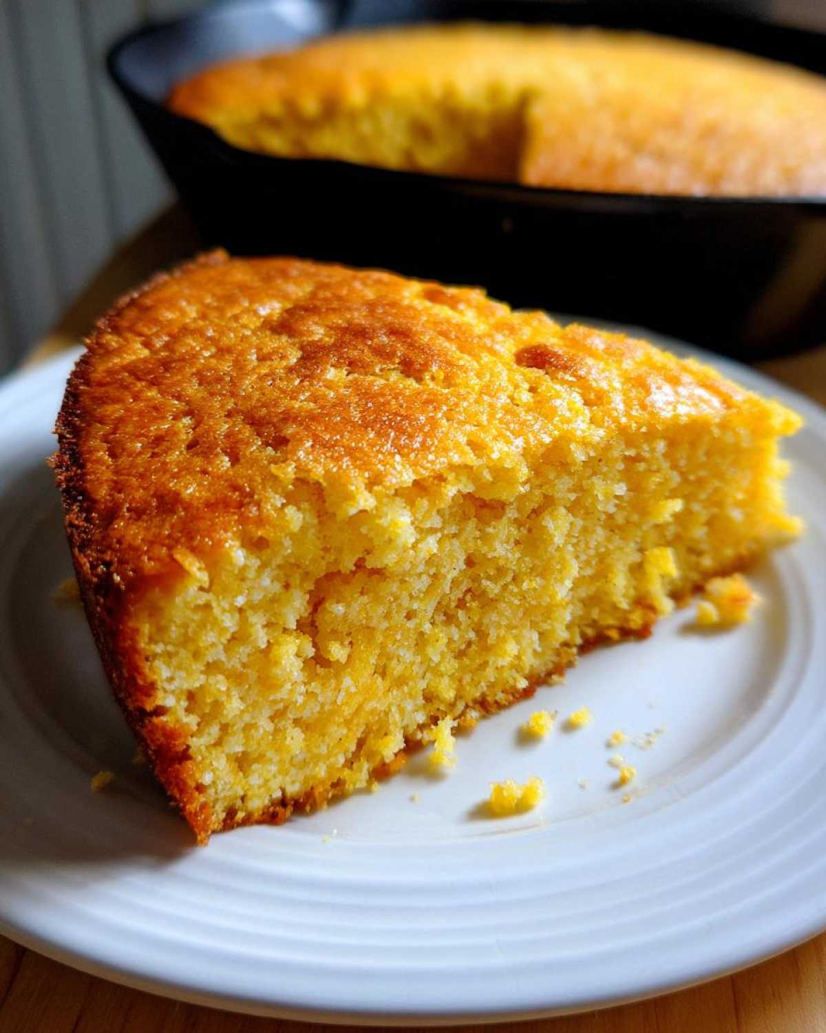 A close-up of a thick, golden slice of skillet cornbread served on a white plate, with the rest of the cornbread visible in the cast iron skillet in the background.
