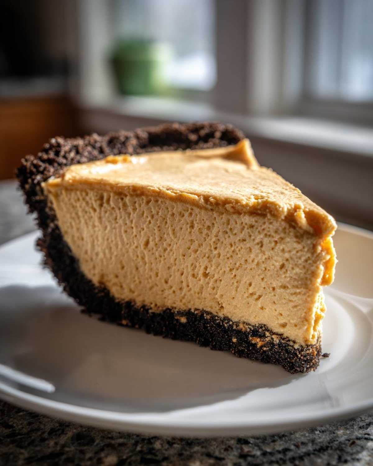 A thick slice of creamy peanut butter pie with a dark chocolate crust on a white plate.