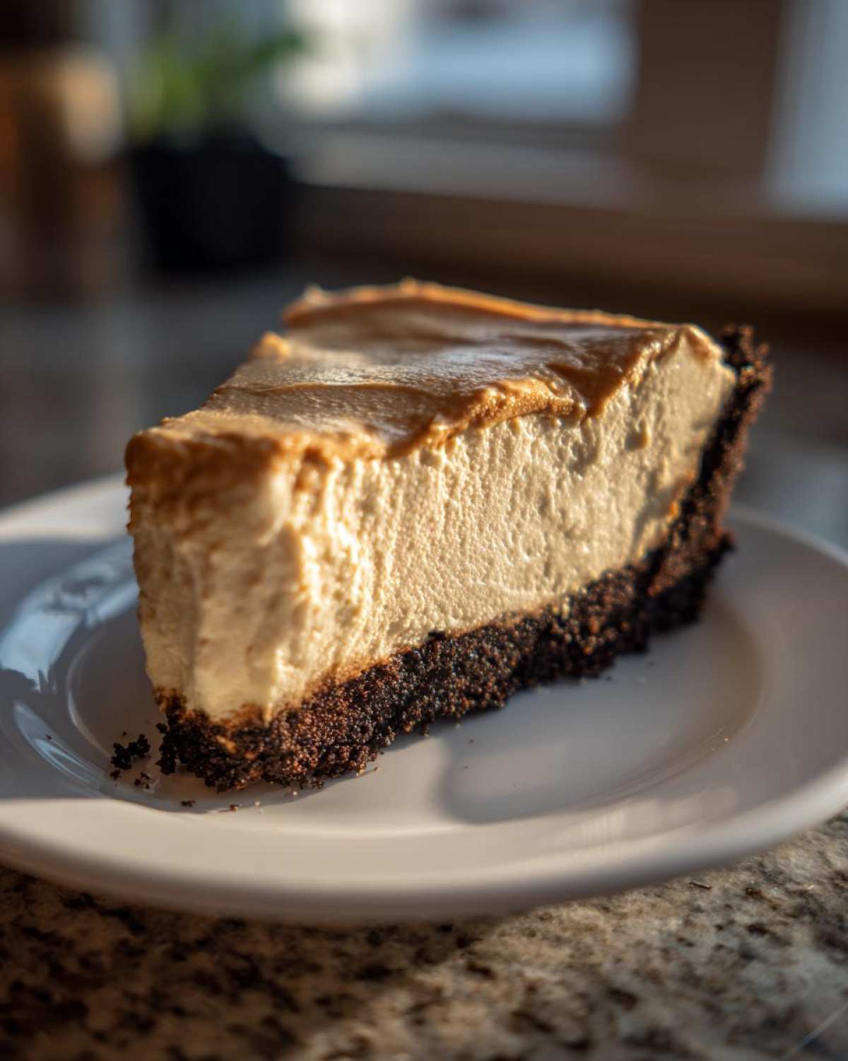 A thick slice of creamy peanut butter pie with a dark chocolate crust sitting on a white plate.