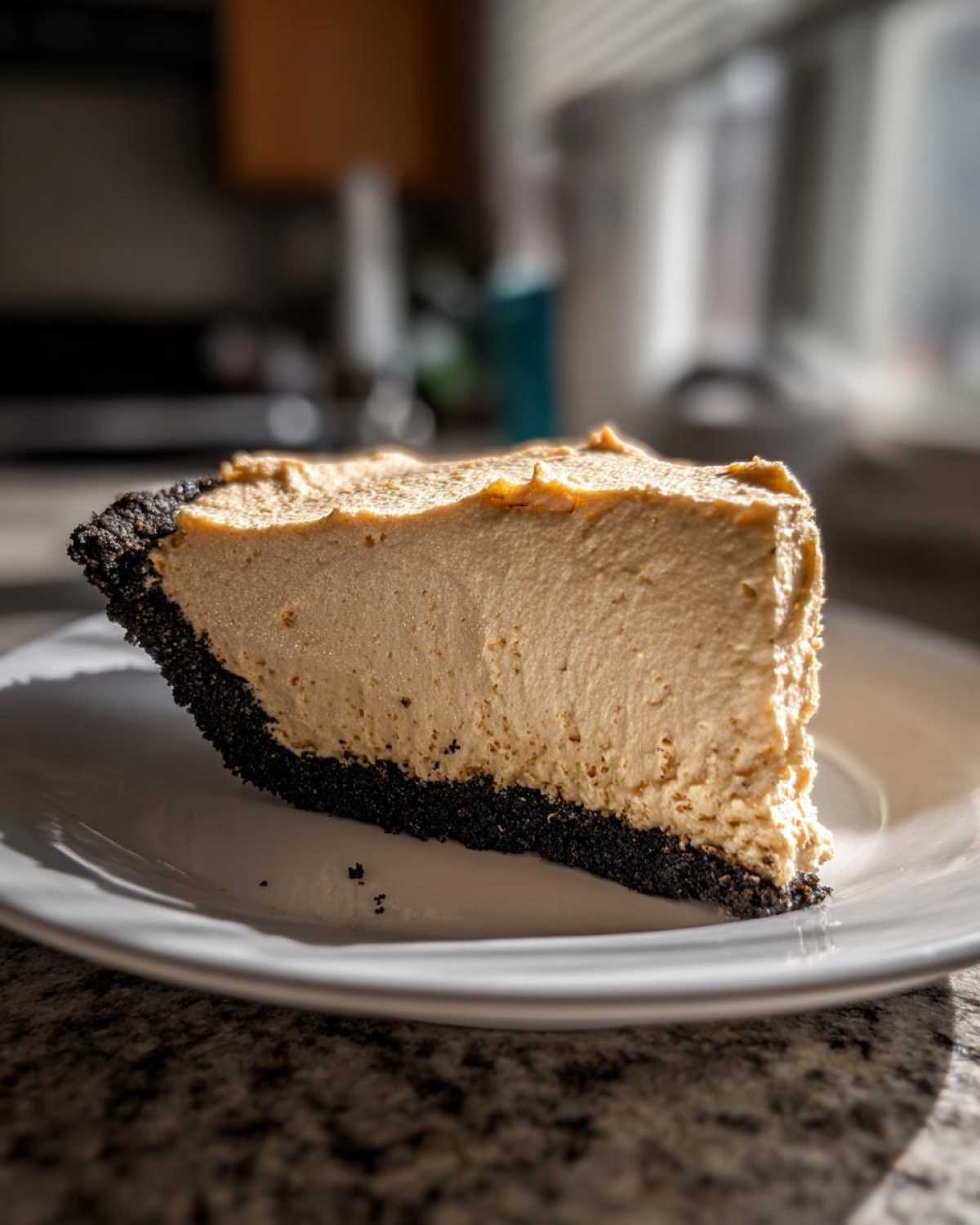 A thick slice of creamy peanut butter pie with a dark chocolate crust on a white plate.