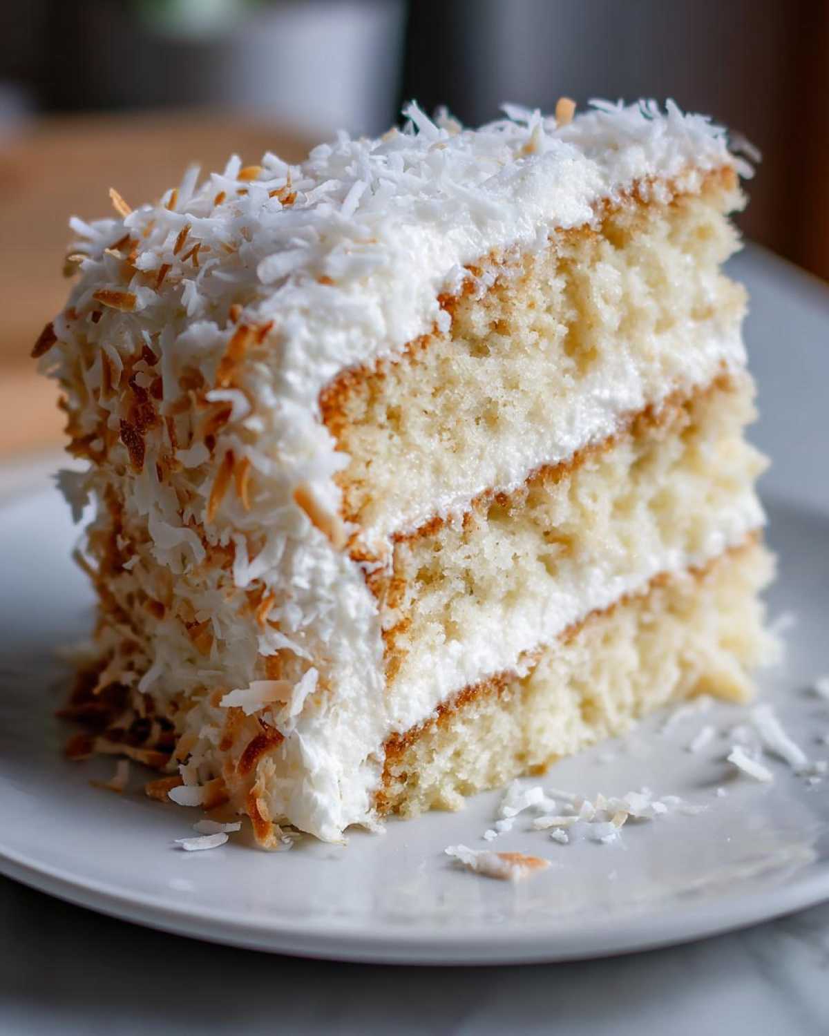 Close-up of a moist slice of layered coconut cake covered in white frosting and toasted coconut flakes.