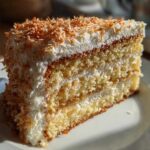 A moist slice of layered coconut cake topped with white frosting and toasted coconut flakes.