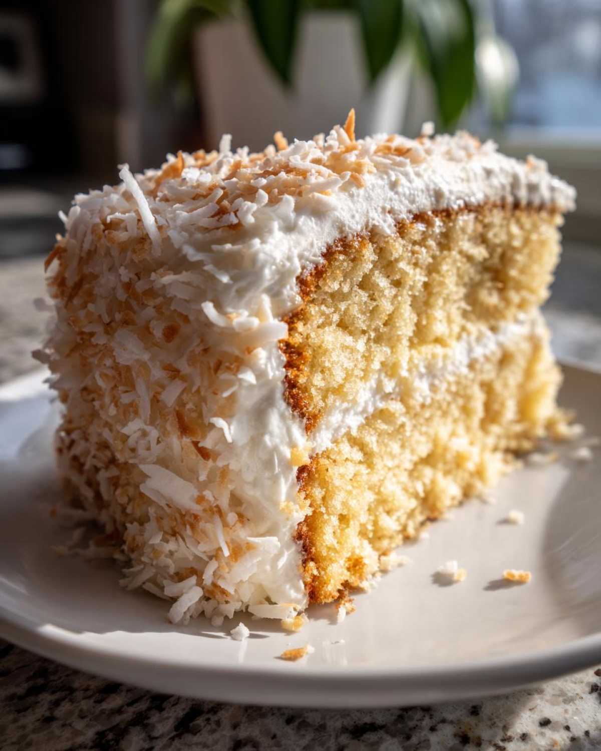 A moist slice of yellow coconut cake layered with white frosting and covered in shredded coconut.