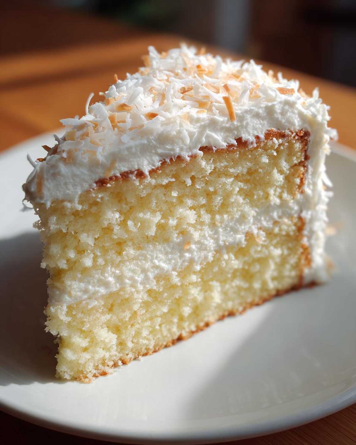 A close-up of a moist slice of coconut cake layered with white frosting and topped with toasted coconut flakes.