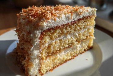 A moist slice of layered coconut cake topped with white frosting and toasted coconut flakes.