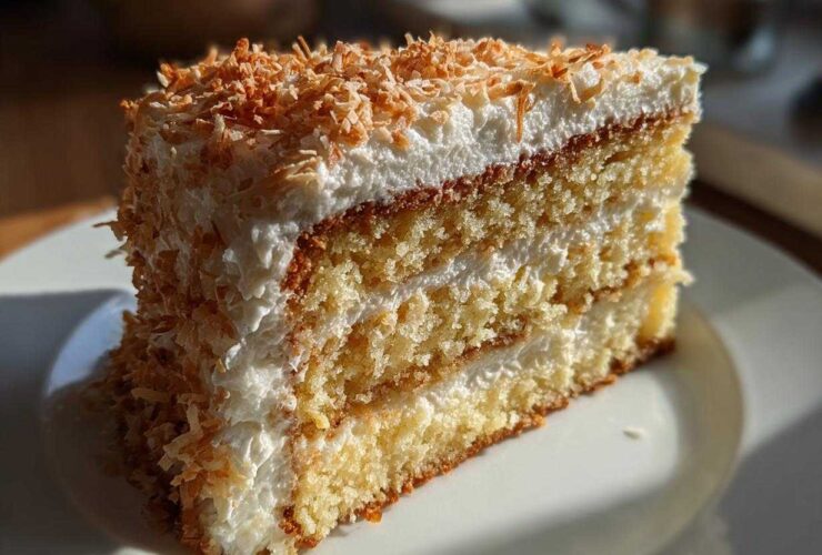 A moist slice of layered coconut cake topped with white frosting and toasted coconut flakes.