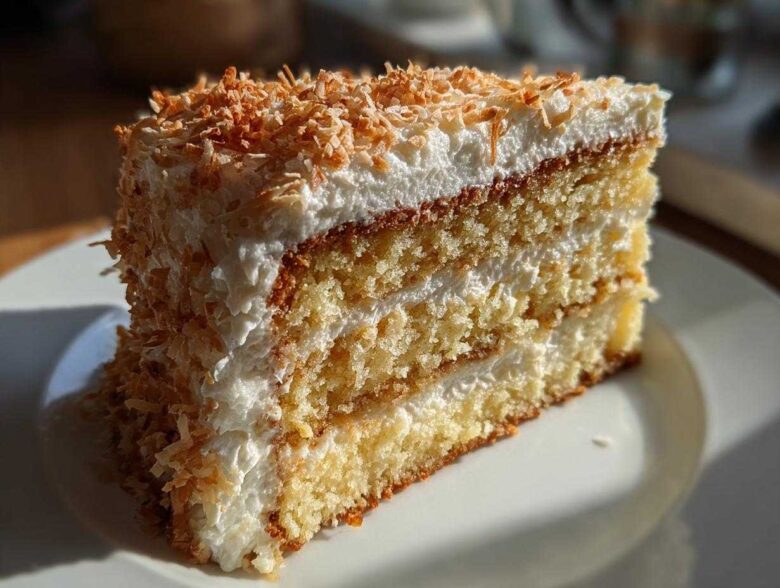 A moist slice of layered coconut cake topped with white frosting and toasted coconut flakes.