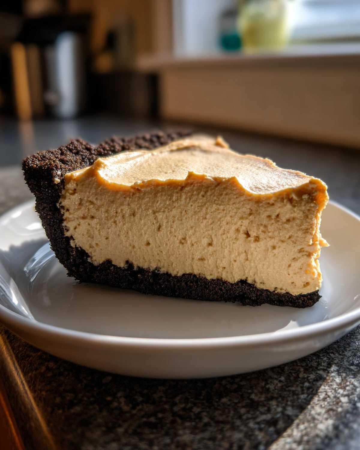 A thick slice of creamy peanut butter pie with a dark chocolate crust resting on a white plate.