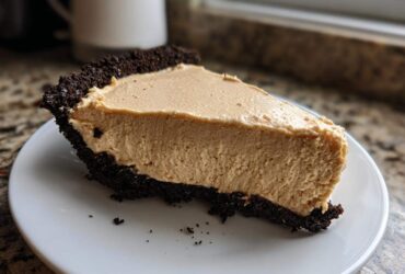 A thick slice of creamy peanut butter pie with a dark chocolate crumb crust resting on a white plate.