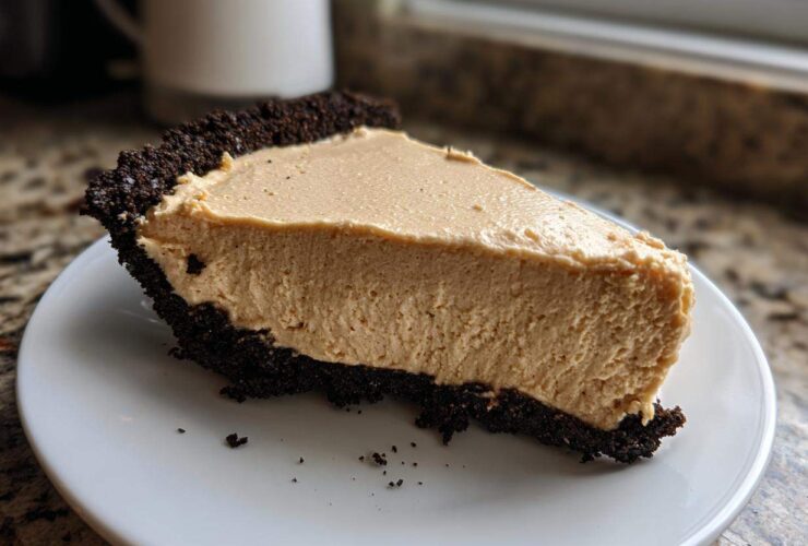 A thick slice of creamy peanut butter pie with a dark chocolate crumb crust resting on a white plate.