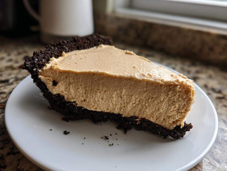 A thick slice of creamy peanut butter pie with a dark chocolate crumb crust resting on a white plate.