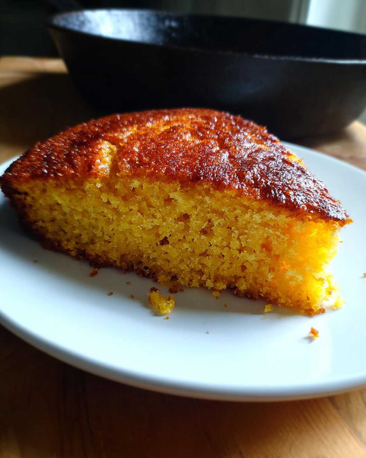 A close-up of a moist, golden slice of skillet cornbread with a dark, caramelized crust, served on a white plate.