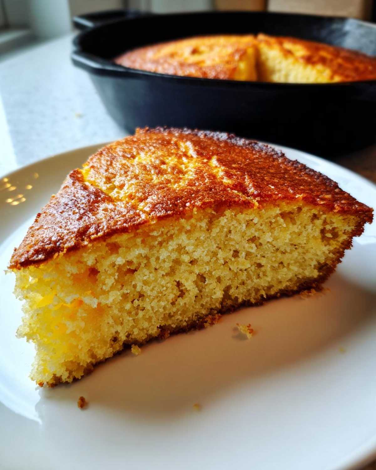 A close-up of a perfectly golden slice of skillet cornbread resting on a white plate, with the rest of the cornbread visible in the cast iron skillet behind it.