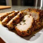 Close-up of a perfectly cooked pork loin roast, sliced to show juicy interior and herb crust.