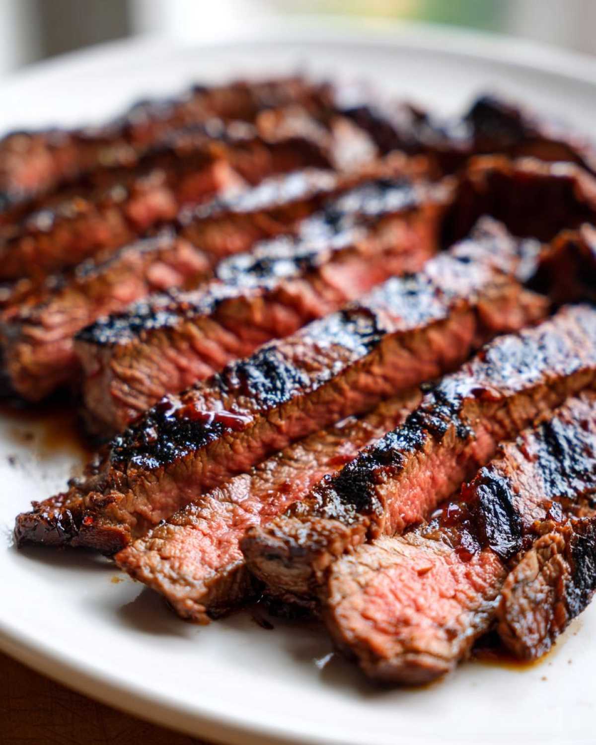 Close-up of medium-rare sliced steak, showing grill marks and glistening juices from the carne asada marinade.