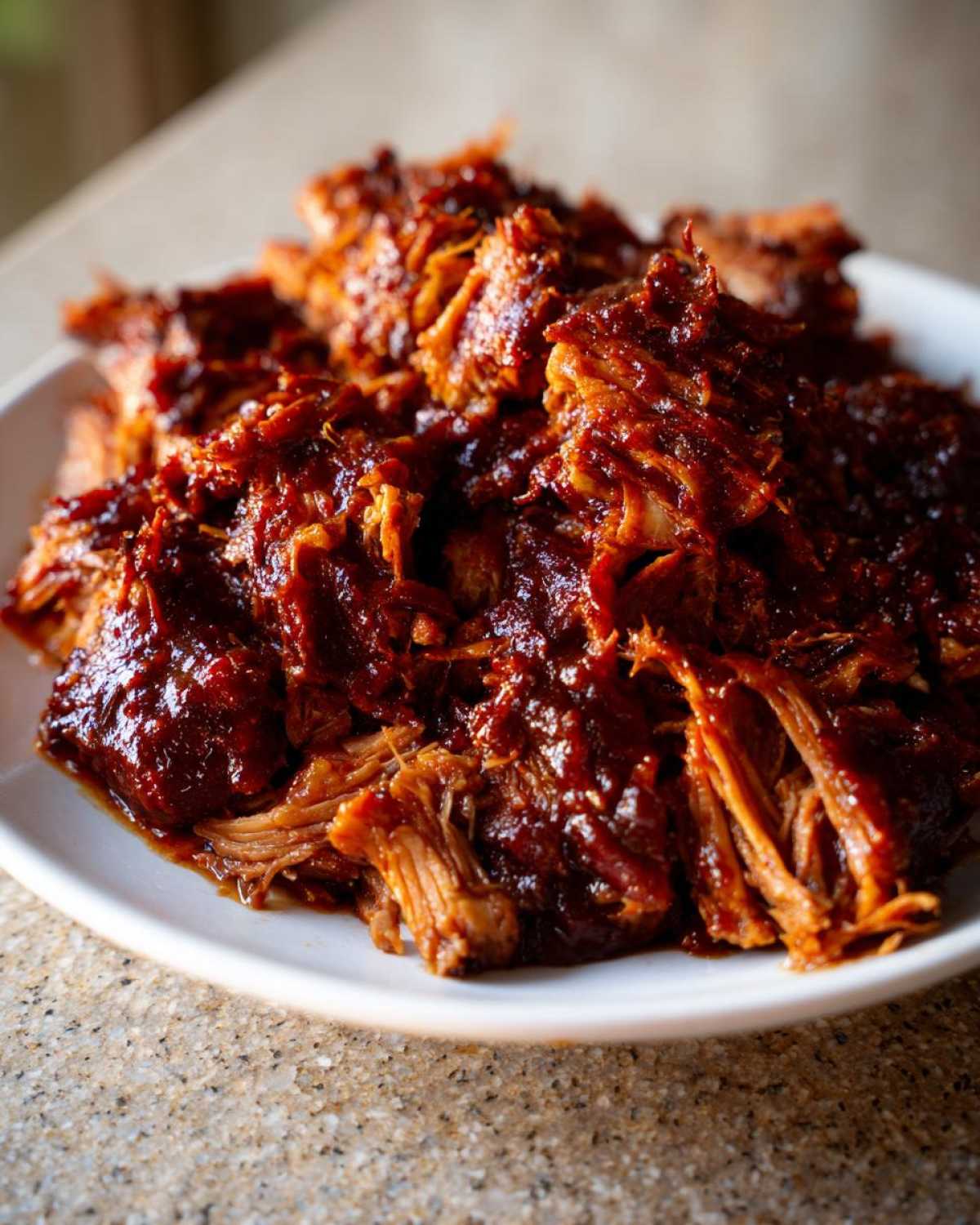Close-up of shredded, saucy Slow Cooker Pulled Pork piled high on a white plate.