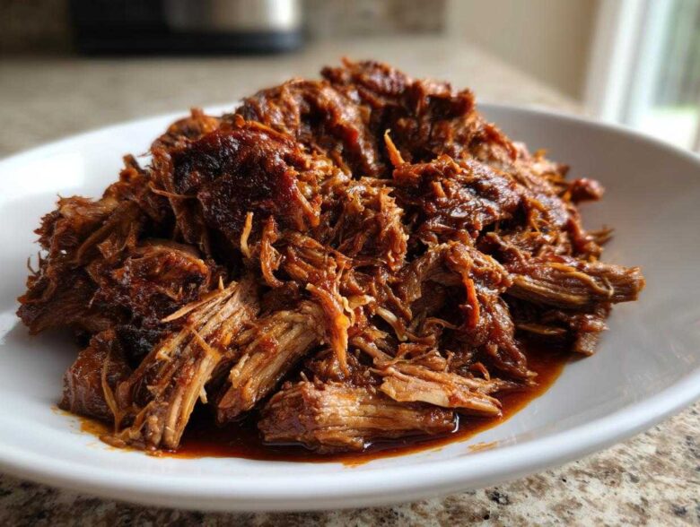 A close-up of tender, shredded Slow Cooker Pulled Pork coated in rich barbecue sauce piled high on a white plate.