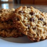 Close-up of three soft chewy oatmeal cookie stacked on a white plate with visible chocolate chips.