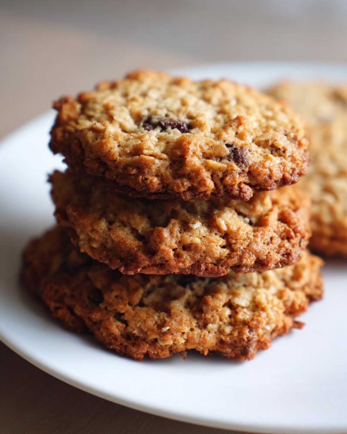 Close-up of three soft chewy oatmeal cookie stacked on a white plate, showing texture and golden-brown edges.